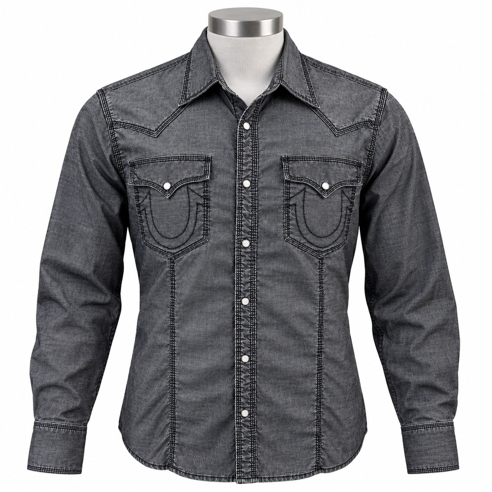 True Religion Rocky Western Pearl Snap Shirt Men's XXL Black Gray Slim Fit